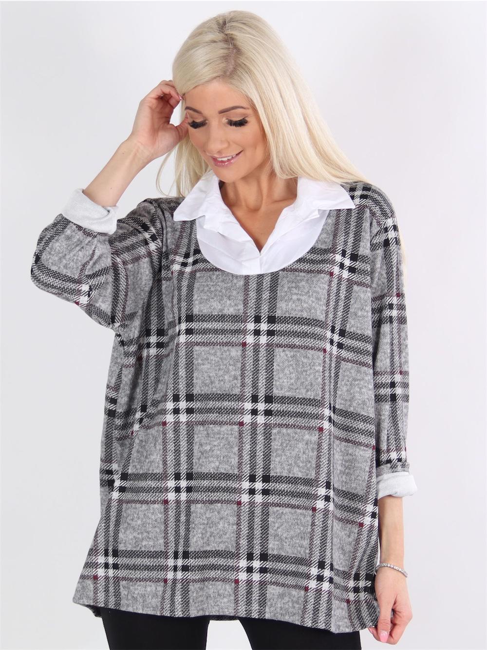 Kinza - Beigefarvet ternet bluse med hvid skjortekrave